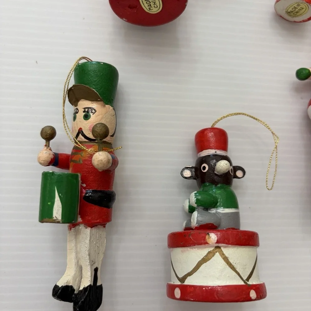 Vintage 70s 80s Wooden Christmas Tree Ornaments Lot Of 8 Folk Art Angel Santa